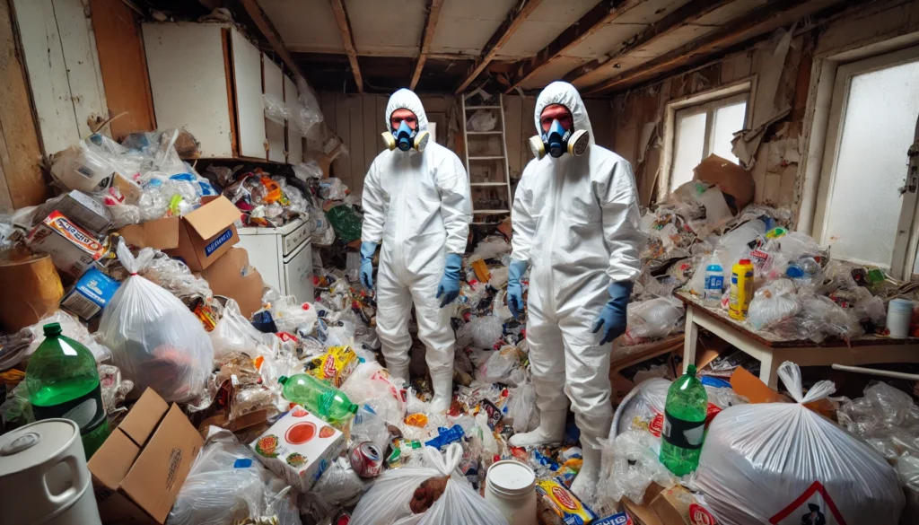Deux professionnels du nettoyage en combinaison de protection, masques respiratoires et gants, interviennent dans une cuisine insalubre complètement envahie par des détritus. Le sol est jonché de sacs-poubelles, d’emballages alimentaires et de déchets divers, tandis que les meubles et les murs montrent des signes de dégradation avancée. Scène illustrant un nettoyage extrême après un syndrome de Diogène ou une longue période de négligence.