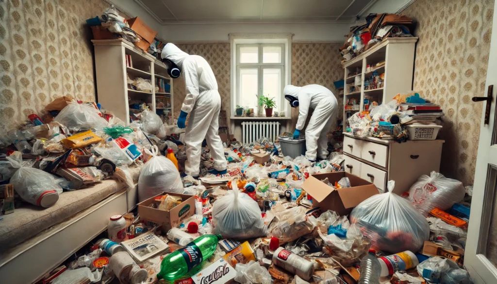 Intervention de professionnels en combinaison de protection dans un appartement extrêmement encombré et insalubre. Le sol est recouvert de détritus, sacs-poubelles et déchets alimentaires, tandis que des étagères et meubles sont saturés d’objets et de papiers. Scène illustrant un nettoyage après un syndrome de Diogène, nécessitant une désinfection et un désencombrement complet.