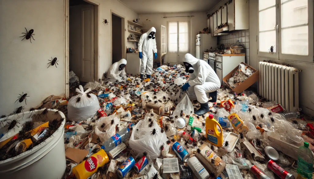 Intervention de professionnels en combinaison de protection dans un logement extrêmement insalubre, rempli de détritus et envahi par des cafards. Le sol est recouvert de déchets alimentaires, emballages plastiques et ordures ménagères, tandis que les murs et les meubles sont infestés d’insectes. Scène illustrant un nettoyage extrême après un cas de syndrome de Diogène ou une occupation prolongée.
